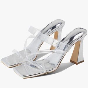 GUESS CLEAR SILVER COMFORT LAVALI OPEN TOE SCULPTED HEEL SLIP SANDAL 8.5